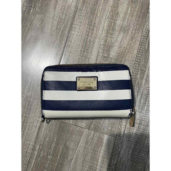 Michael Kors Blue/White Leather Striped Zip Around Wallet - Picture 1 of 3